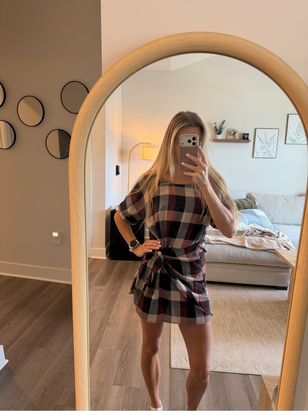 Simply Noelle Burgundy and Black Plaid Knot-Front Short Dress